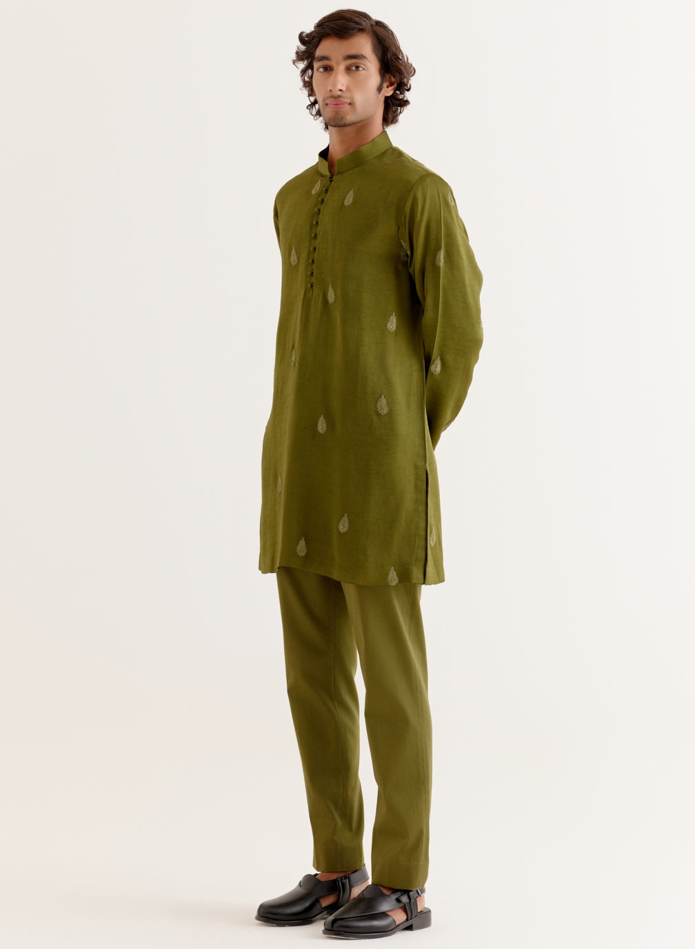 Olive Green Dori Embroidered Kurta And Jacket Set