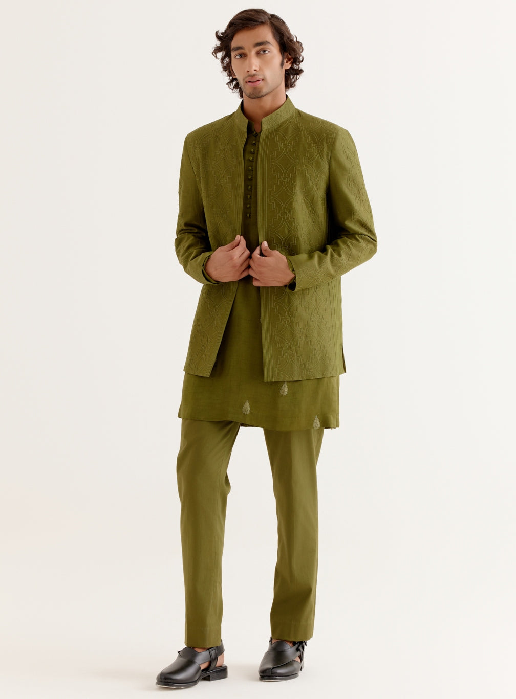 Olive Green Dori Embroidered Kurta And Jacket Set