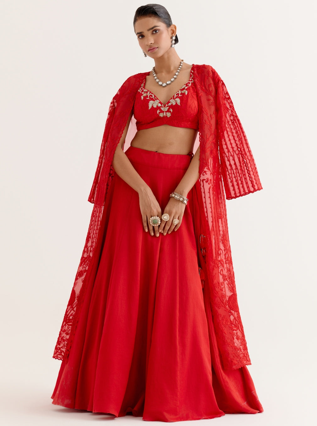 Ruby Red Satin Lehenga And Embroidered Jacket Set