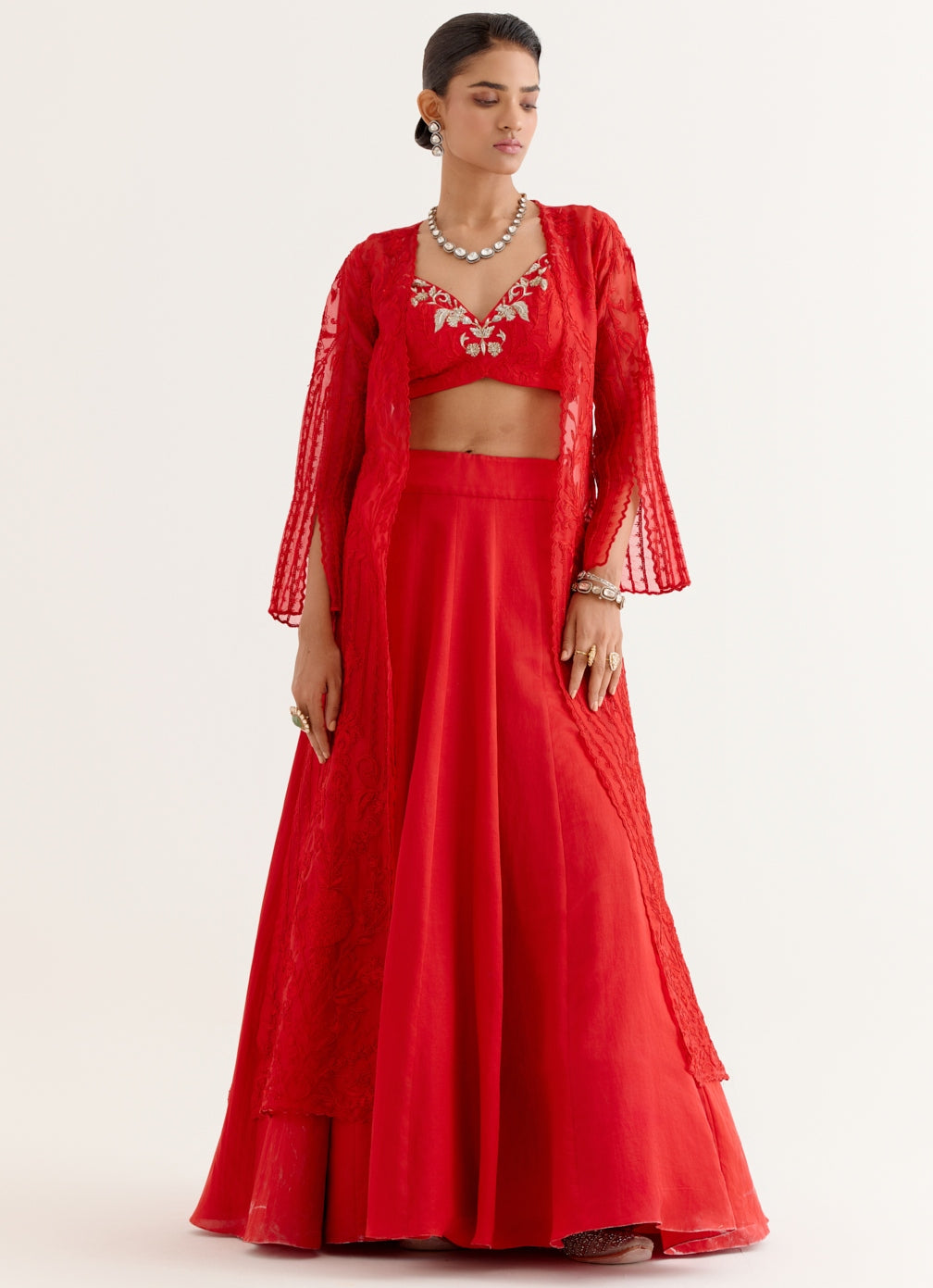 Ruby Red Satin Lehenga And Embroidered Jacket Set