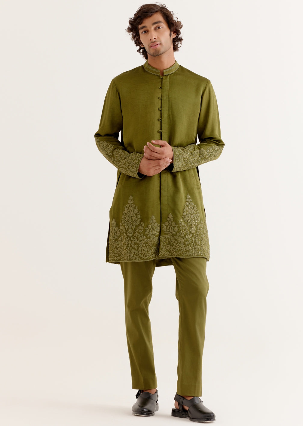 Olive Green Front-Open Dori Embroidered Kurta Set