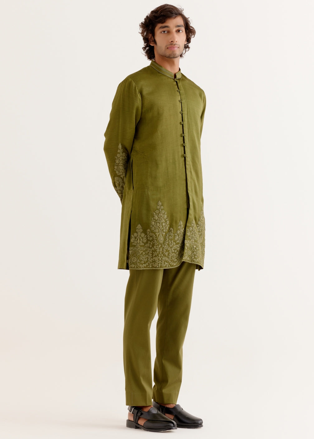 Olive Green Front-Open Dori Embroidered Kurta Set