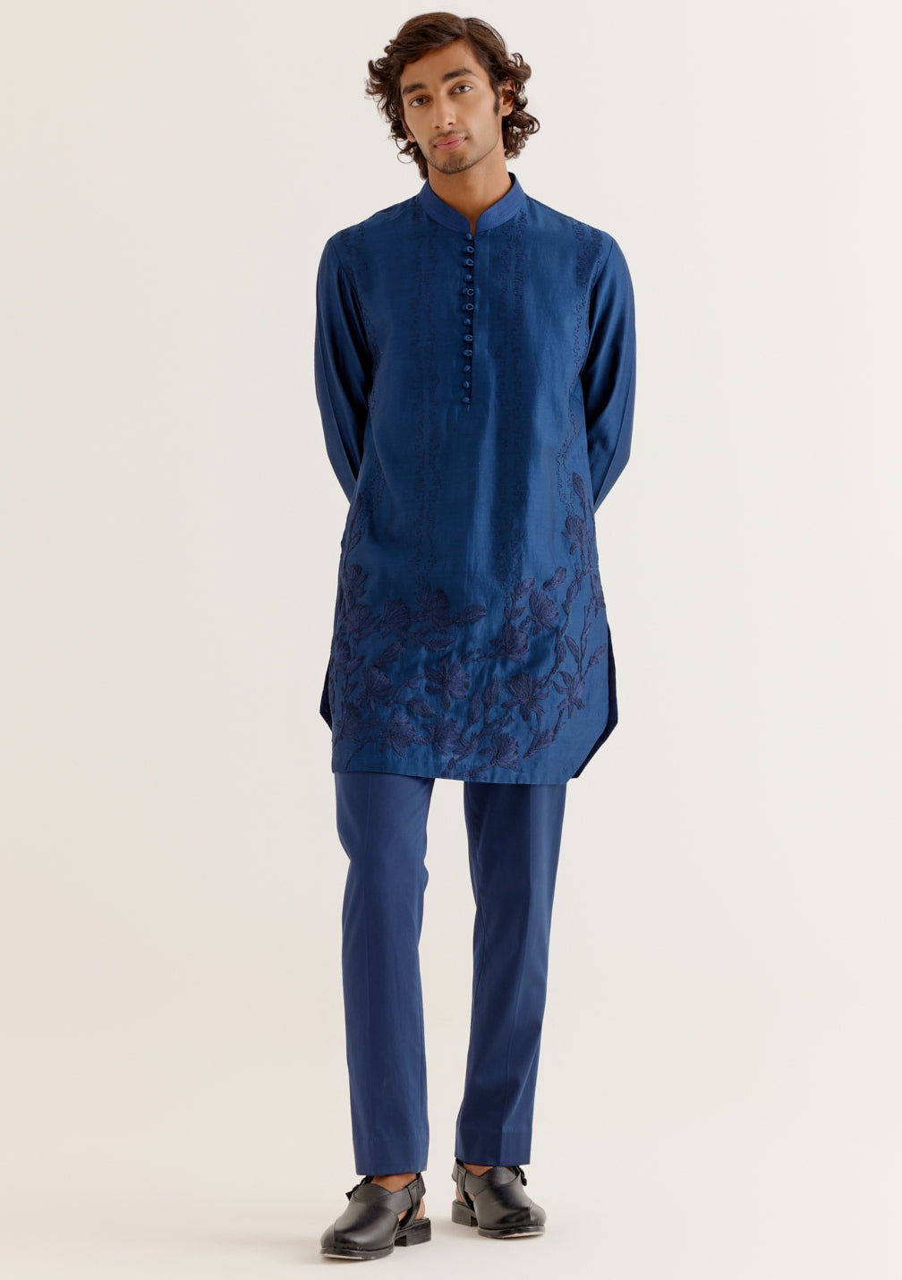 Royal Blue Floral Embroidered Chanderi Short Kurta Set