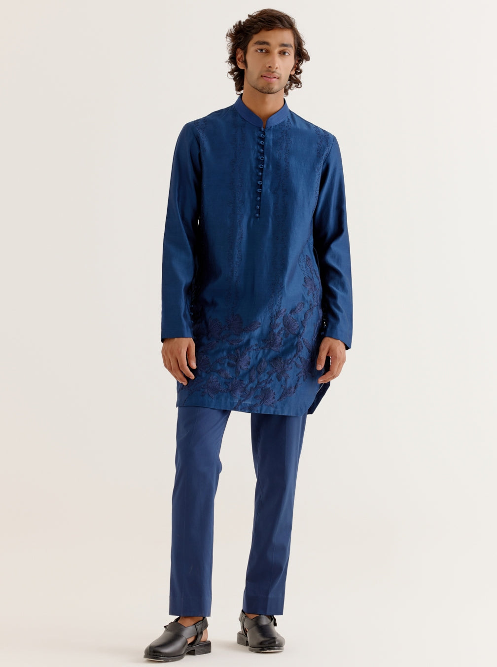 Royal Blue Floral Embroidered Chanderi Short Kurta Set