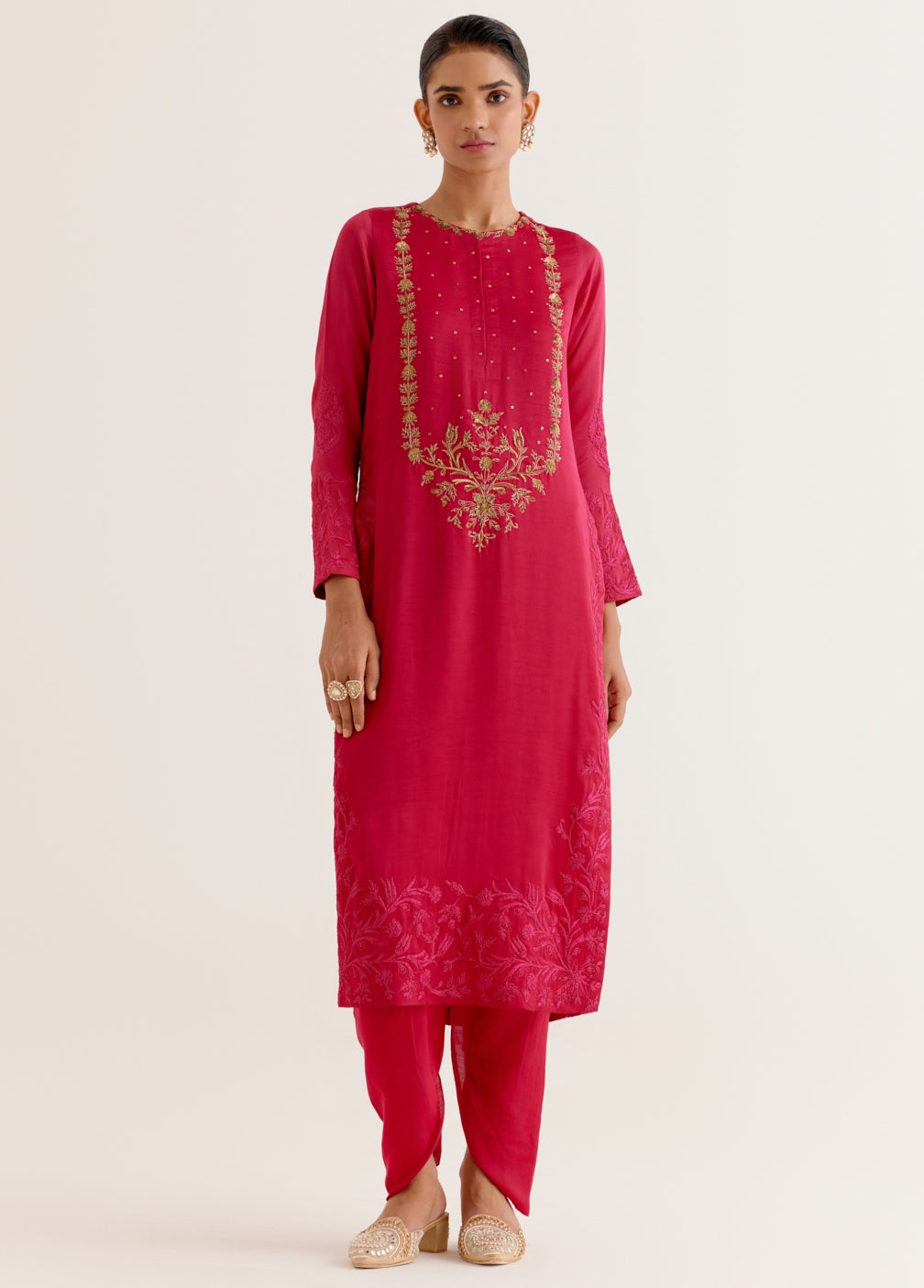 Fuchsia Pink Dori And Sequins Embroidered Kurta And Dhoti Set