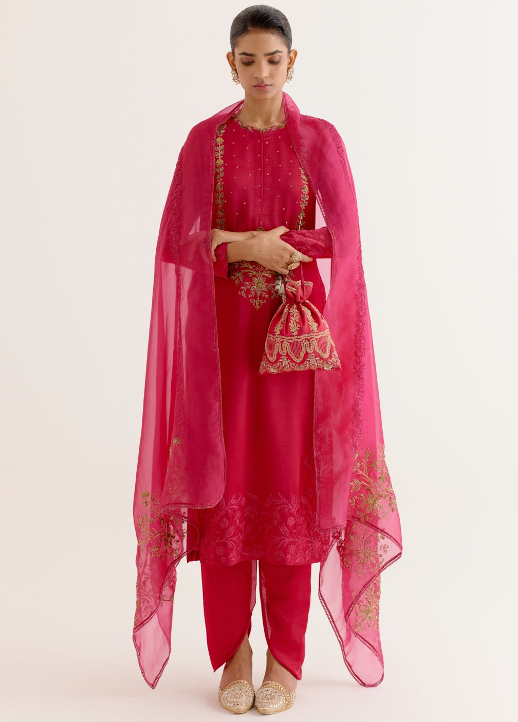 Fuchsia Pink Dori And Sequins Embroidered Kurta And Dhoti Set