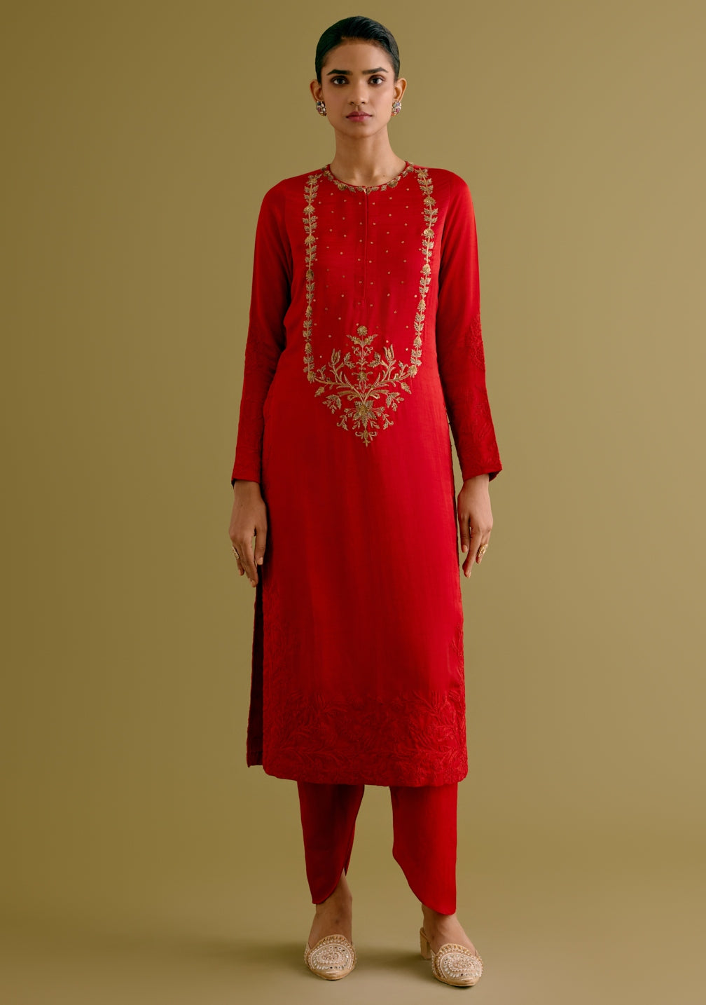 Ruby Red Dori And Sequins Embroidered Kurta And Dhoti Set