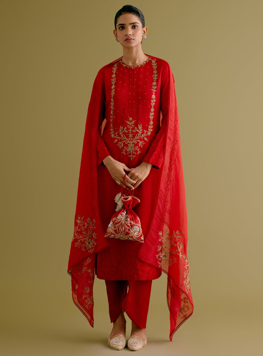 Ruby Red Dori And Sequins Embroidered Kurta And Dhoti Set