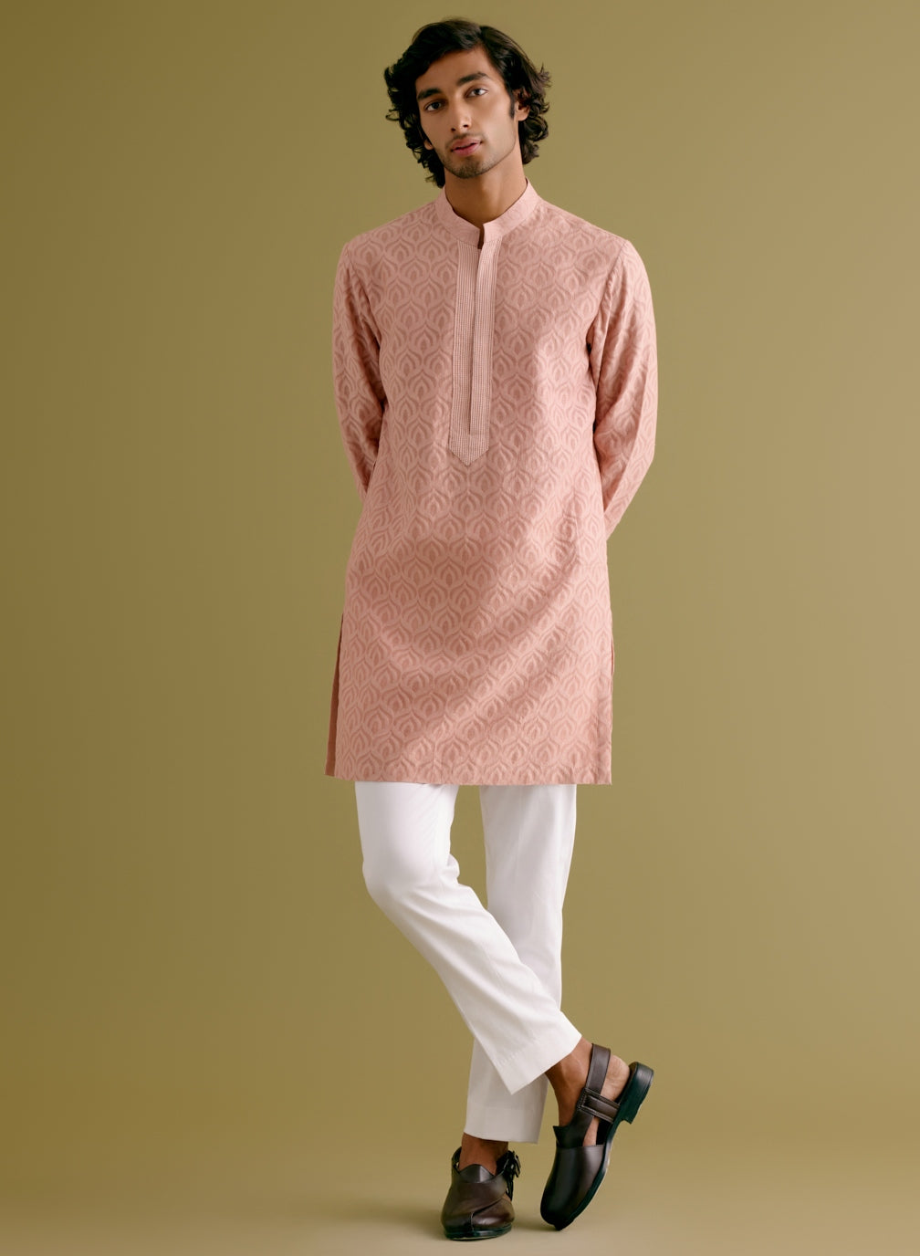 Blush Pink Woven Kurta Set With Dori Embroidered Bandi