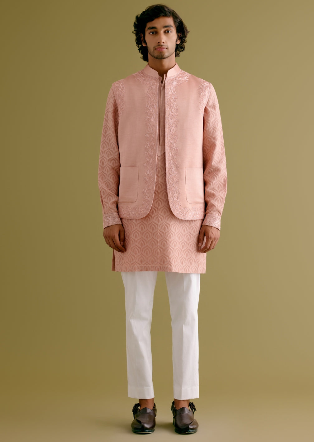 Blush Pink Woven Kurta Set With Dori Embroidered Bandi