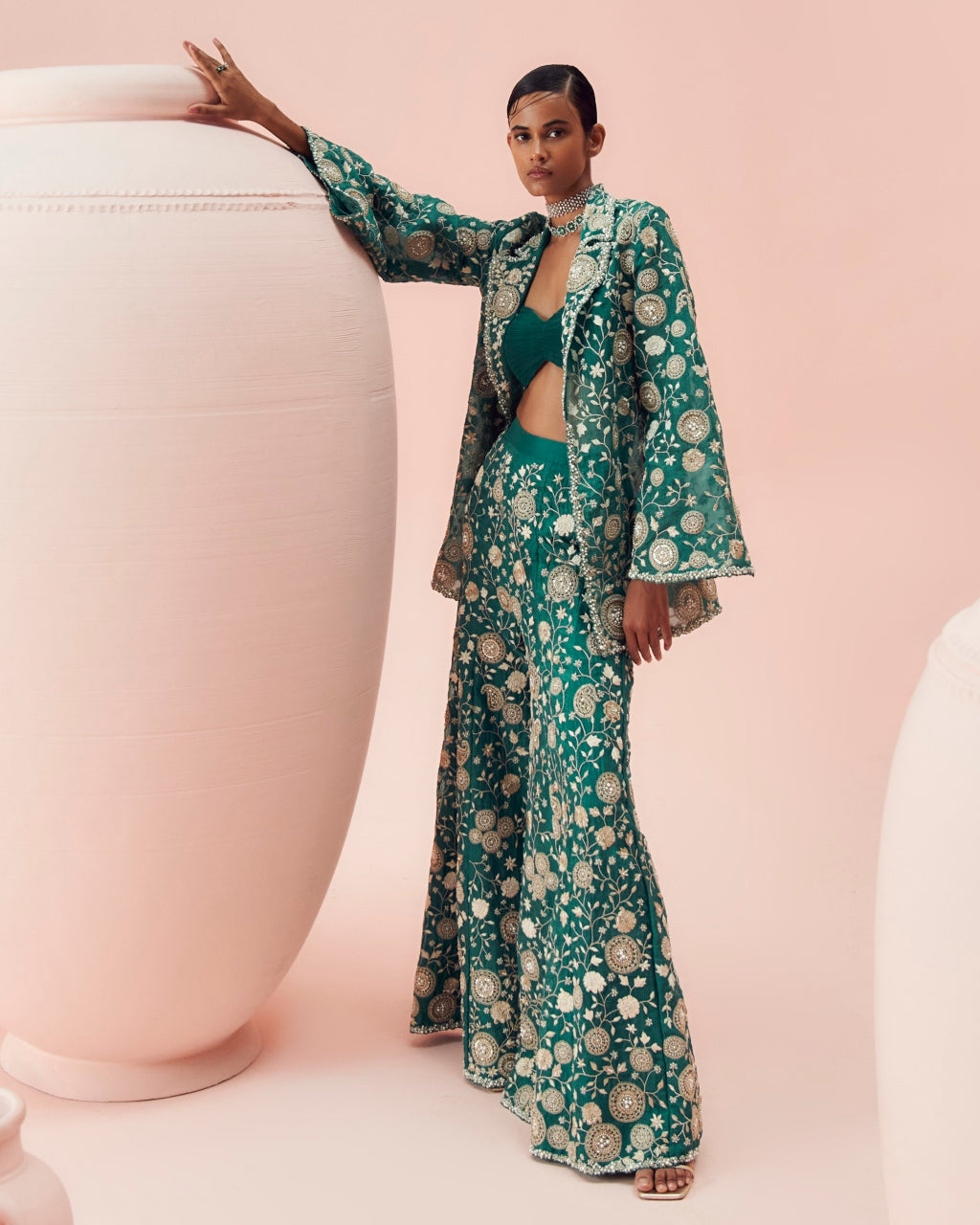 Teal Green Embroidered Jacket And Pants Set