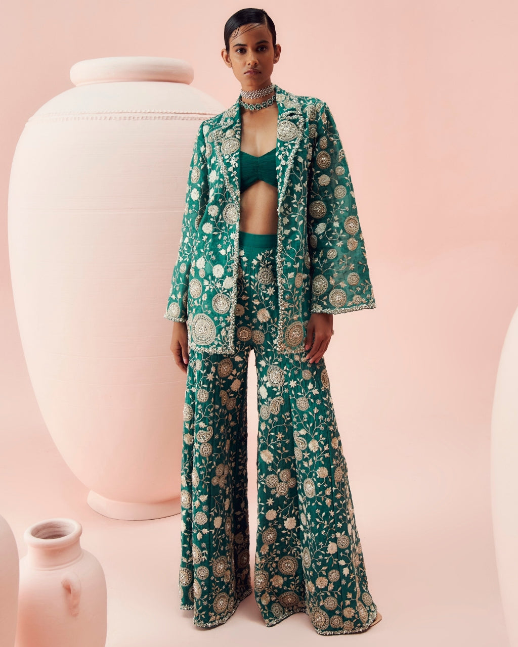 Teal Green Embroidered Jacket And Pants Set