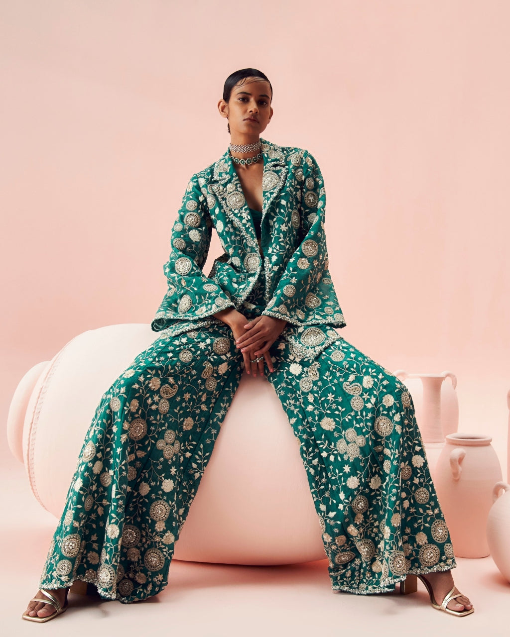 Teal Green Embroidered Jacket And Pants Set