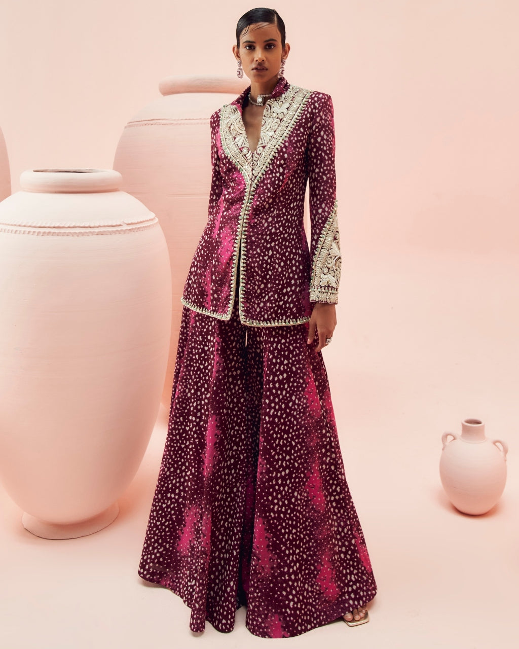 Burgundy Rosette Jacket And Sharara Set