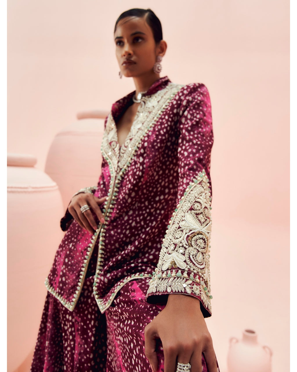 Burgundy Rosette Jacket And Sharara Set