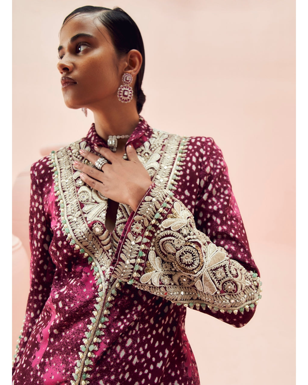 Burgundy Rosette Jacket And Sharara Set