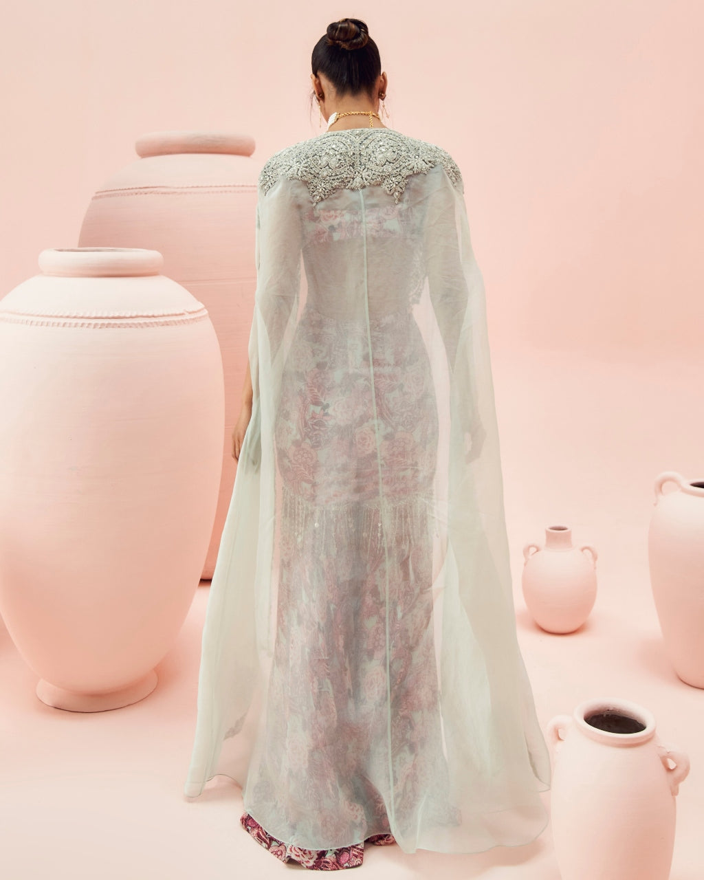 Aqua Abstract Floral Gharara And Cape Set