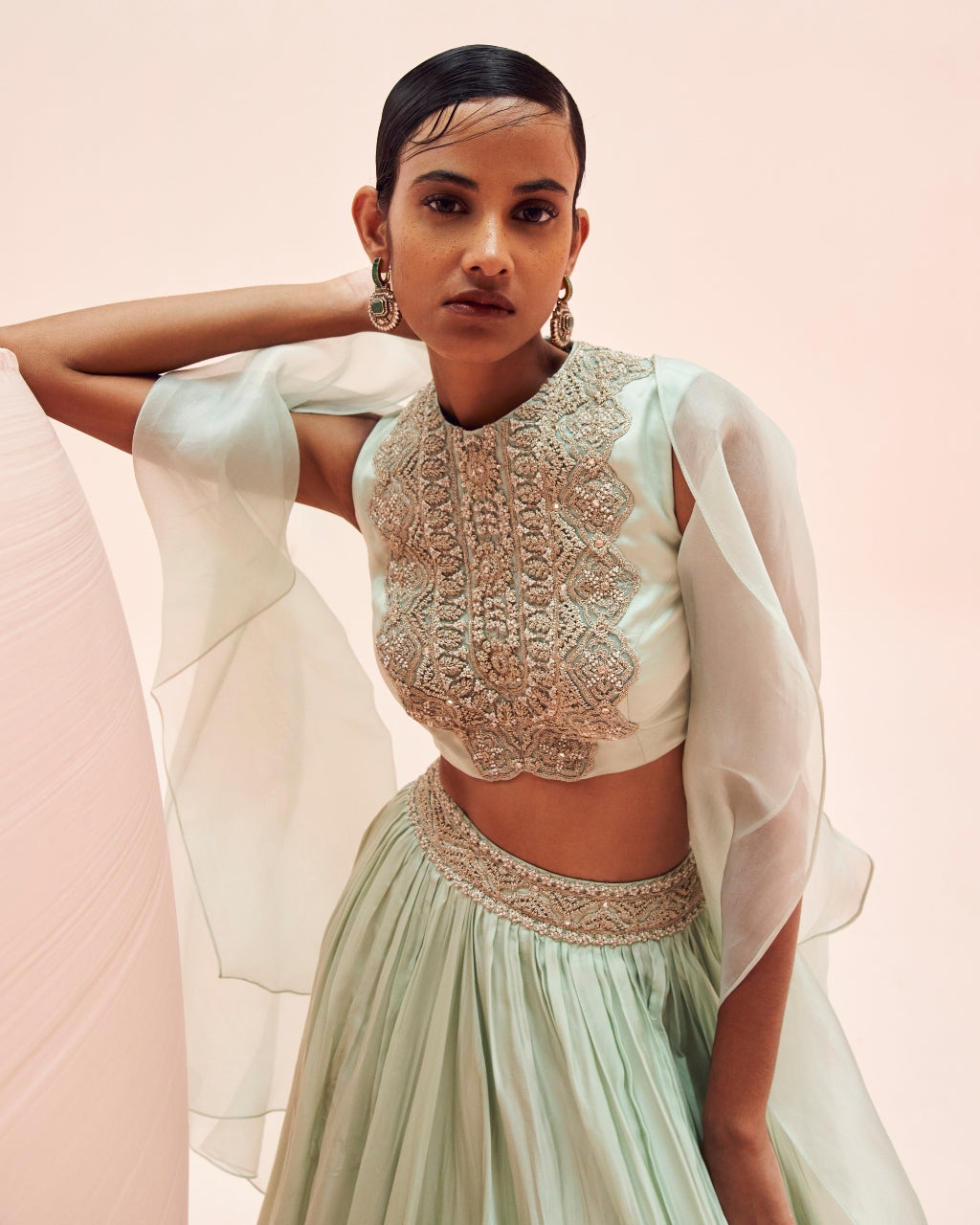 Aqua Lehenga And Cape Set