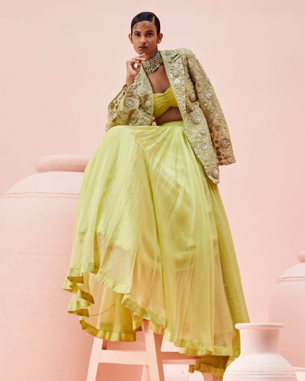 Lime Green Lehenga And Embroidered Jacket Set