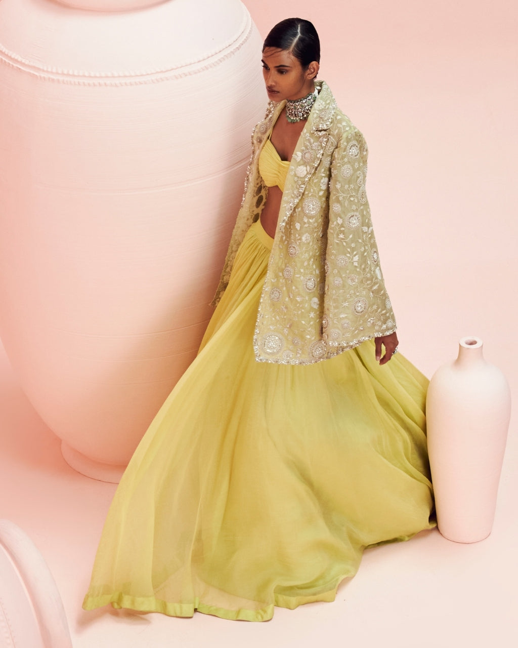 Lime Green Lehenga And Embroidered Jacket Set