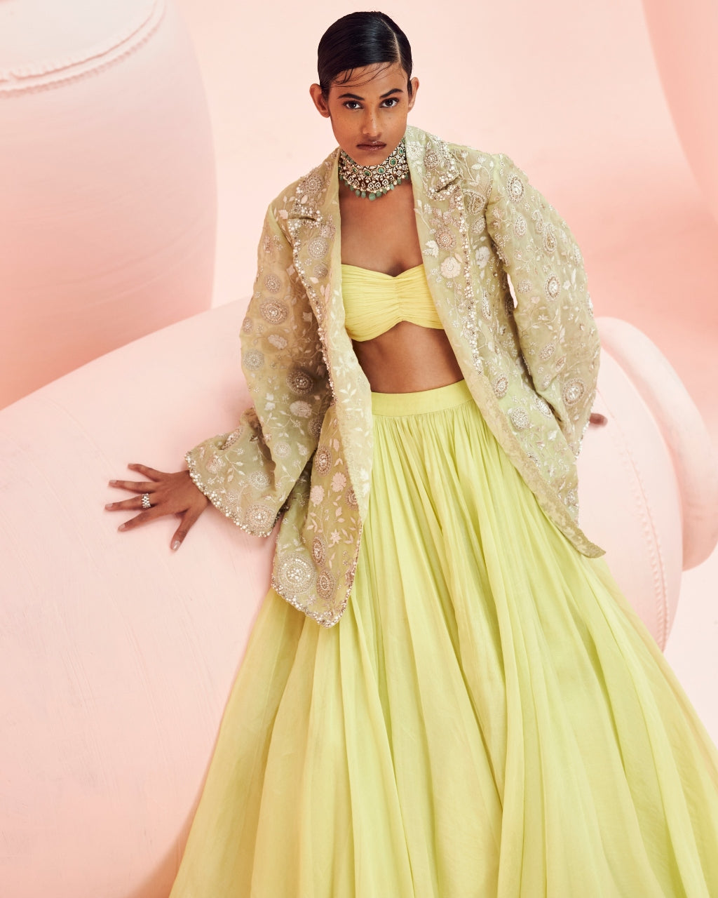 Lime Green Lehenga And Embroidered Jacket Set