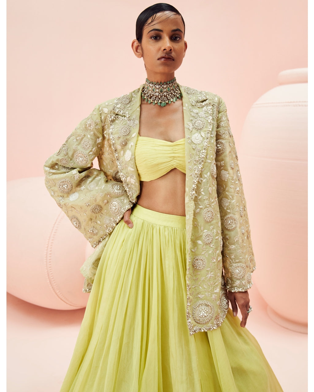 Lime Green Lehenga And Embroidered Jacket Set