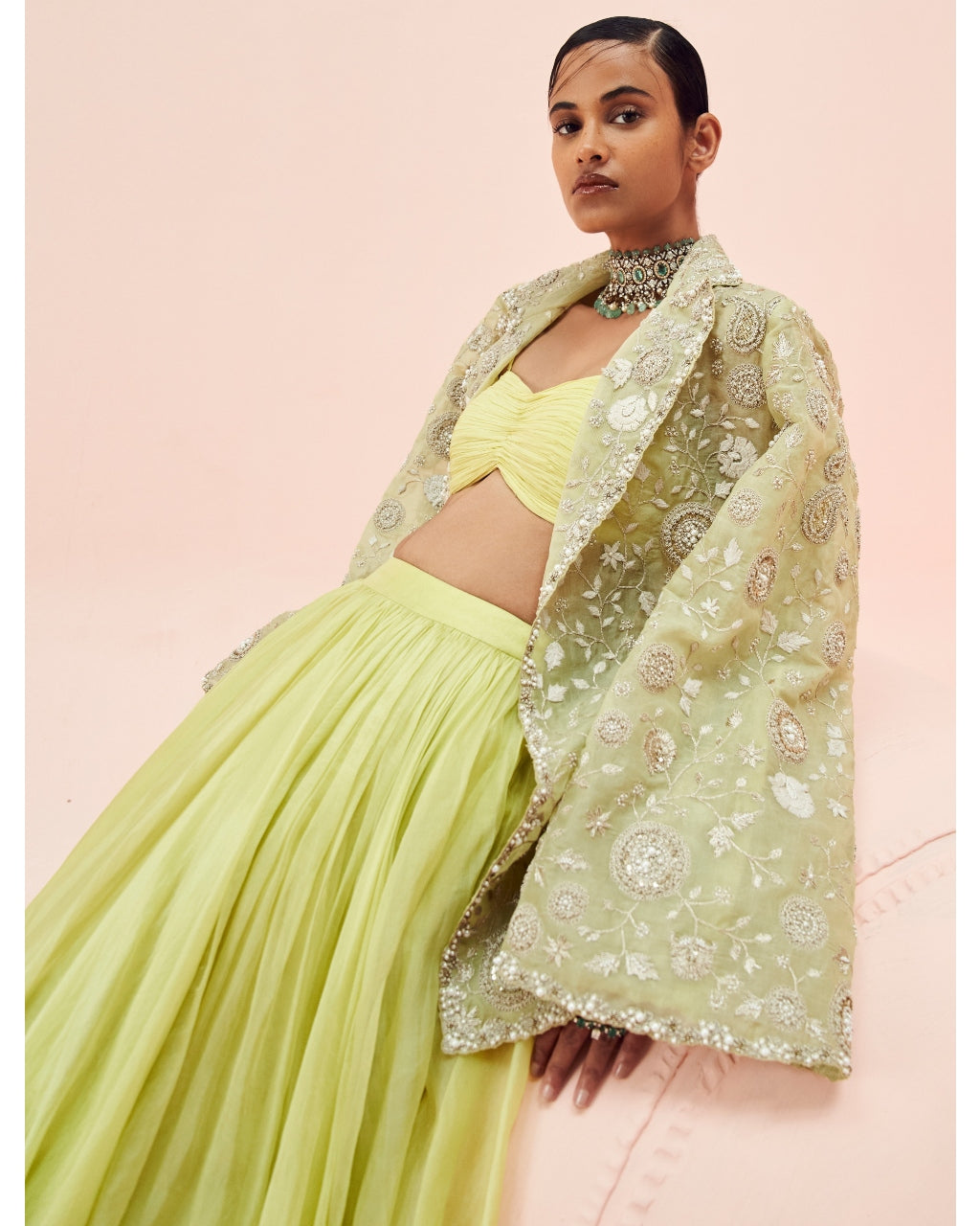 Lime Green Lehenga And Embroidered Jacket Set