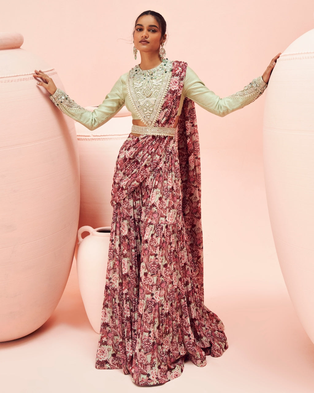 Pistachio Abstract Floral Palazzo Sari