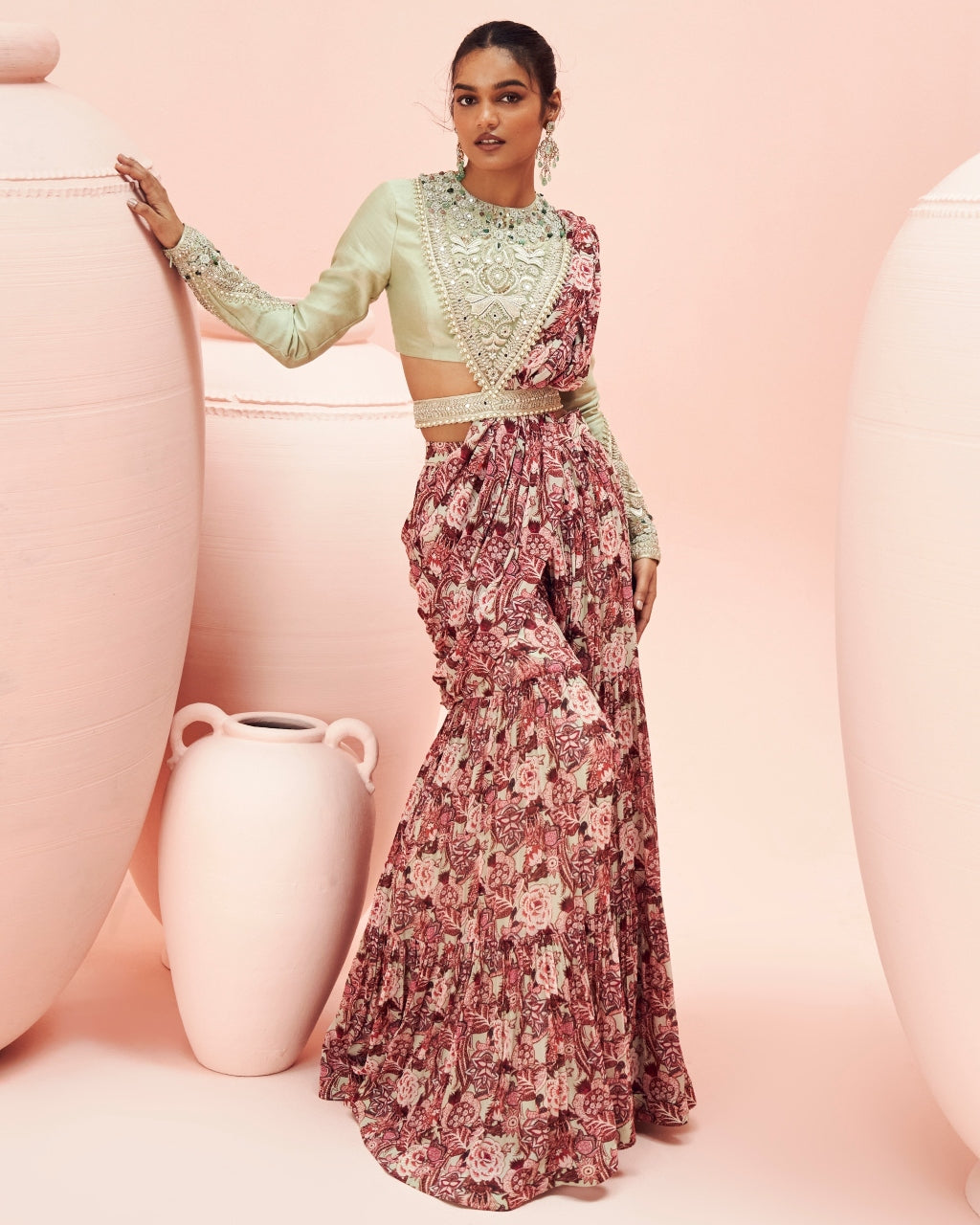 Pistachio Abstract Floral Palazzo Sari