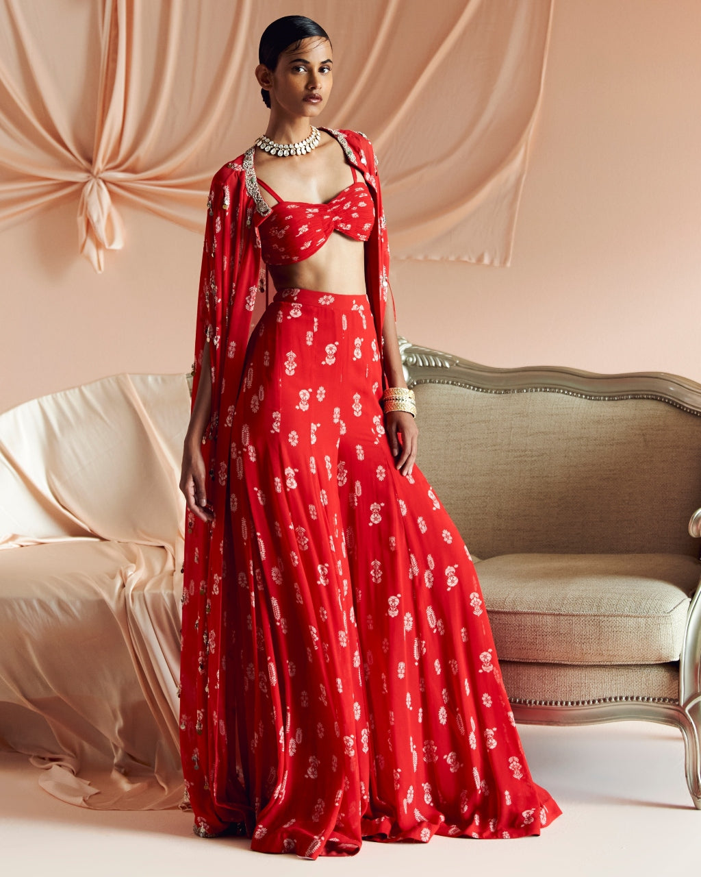 Scarlet Red Floret Pant Cape Set