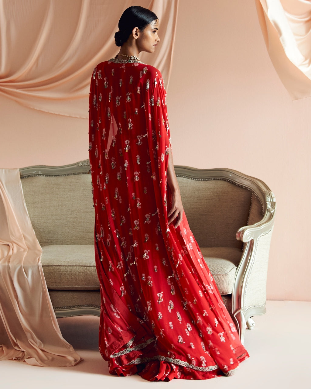 Scarlet Red Floret Pant Cape Set