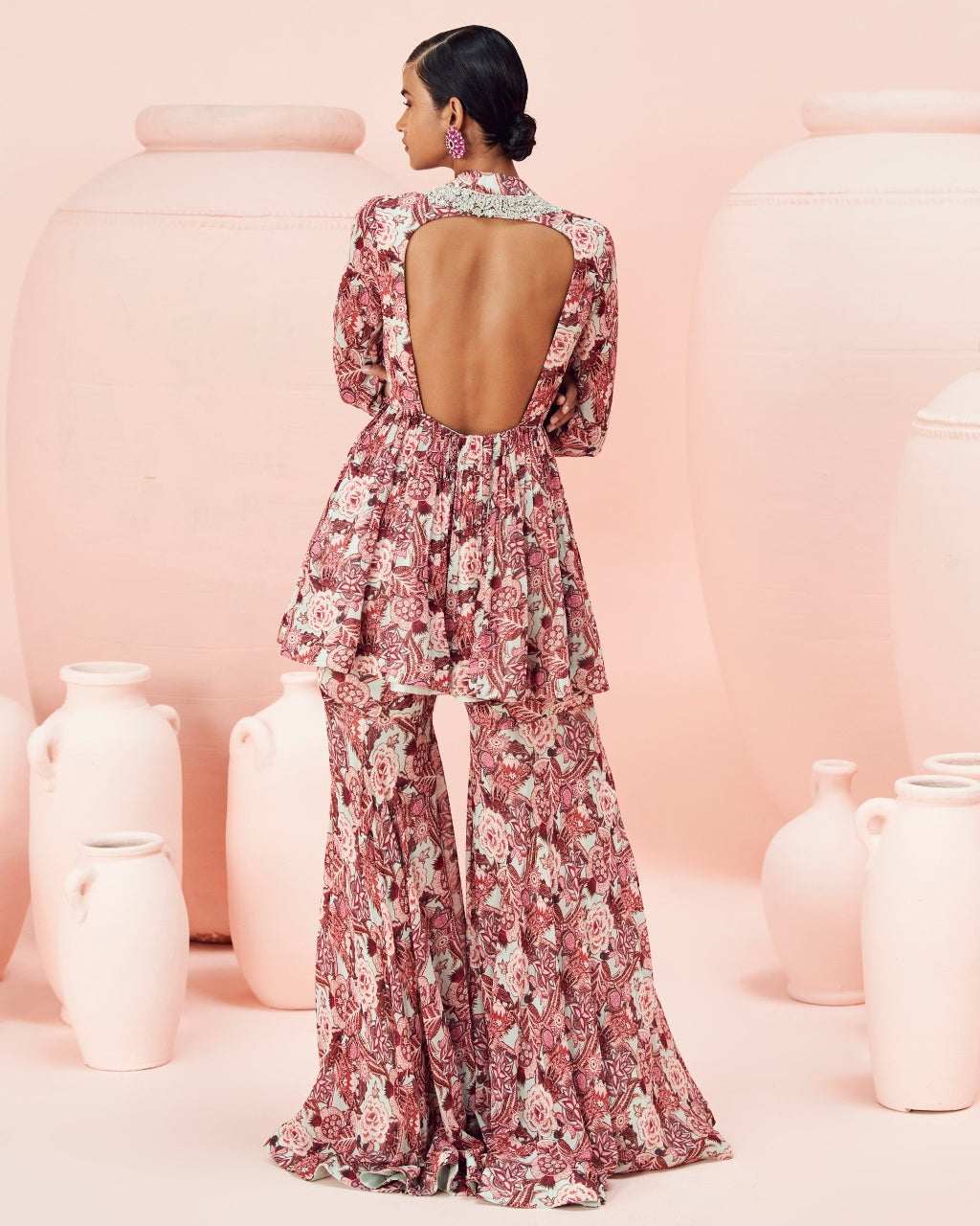 Blush Abstract Floral Peplum And Gharara Set