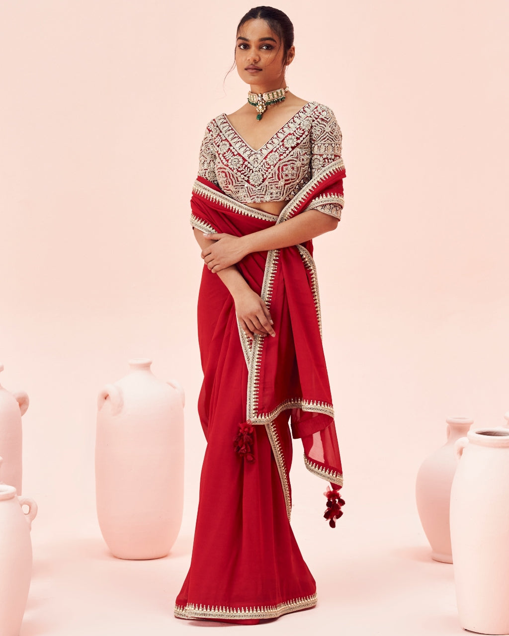 Ruby Red Sari With Embroidered Blouse