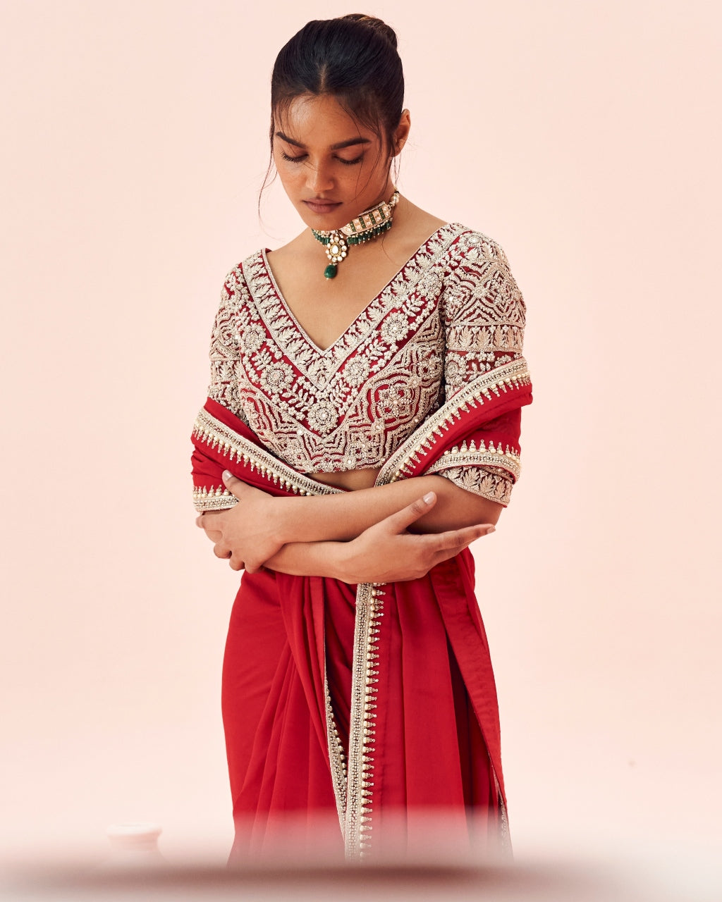 Ruby Red Sari With Embroidered Blouse