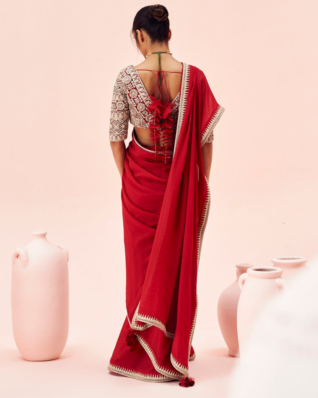 Ruby Red Sari With Embroidered Blouse