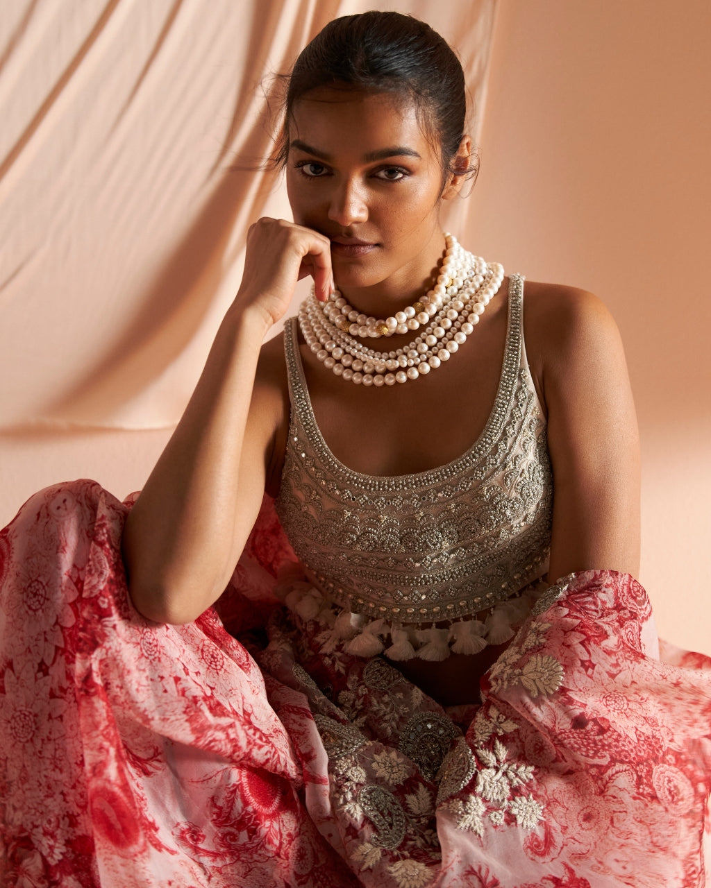 Ivory & Red Embroidered Blossom Sari