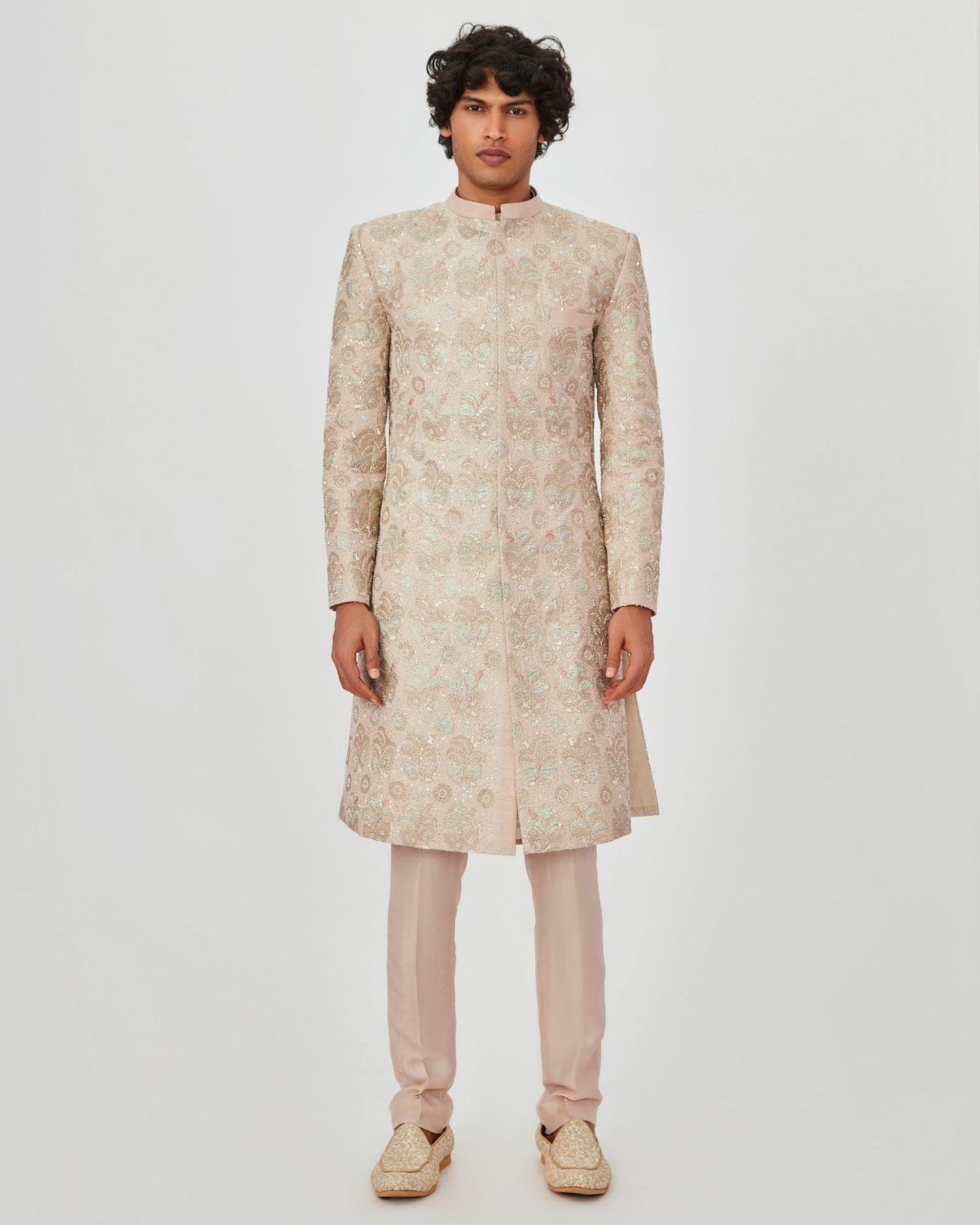 Beige Raw Silk Sherwani Set by Aisha Rao