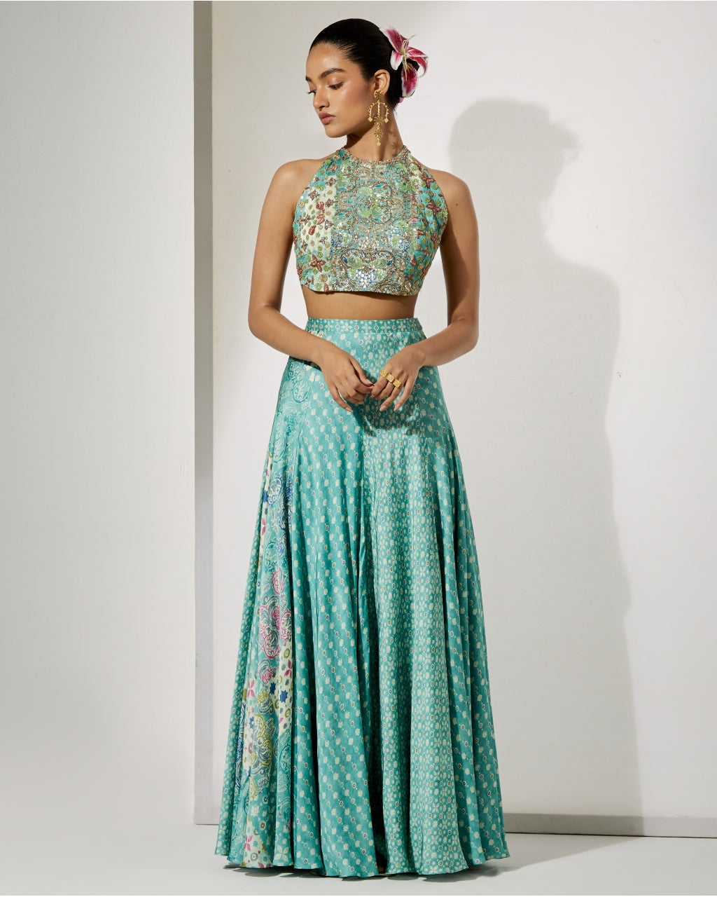 Aqua Bloom Halter Blouse & Skirt Set