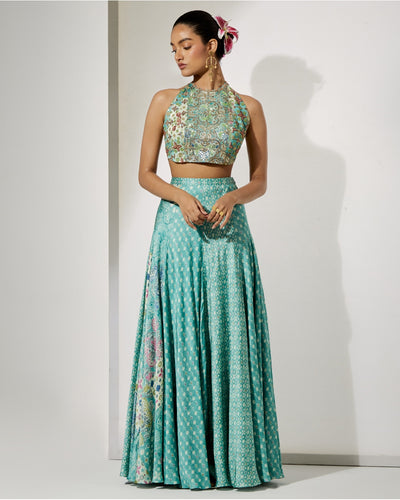 Aqua Bloom Halter Blouse & Skirt Set
