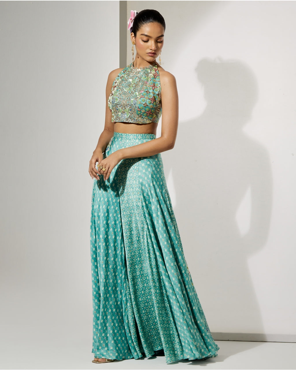 Aqua Bloom Halter Blouse & Skirt Set