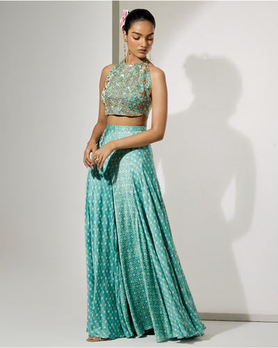Aqua Bloom Halter Blouse & Skirt Set