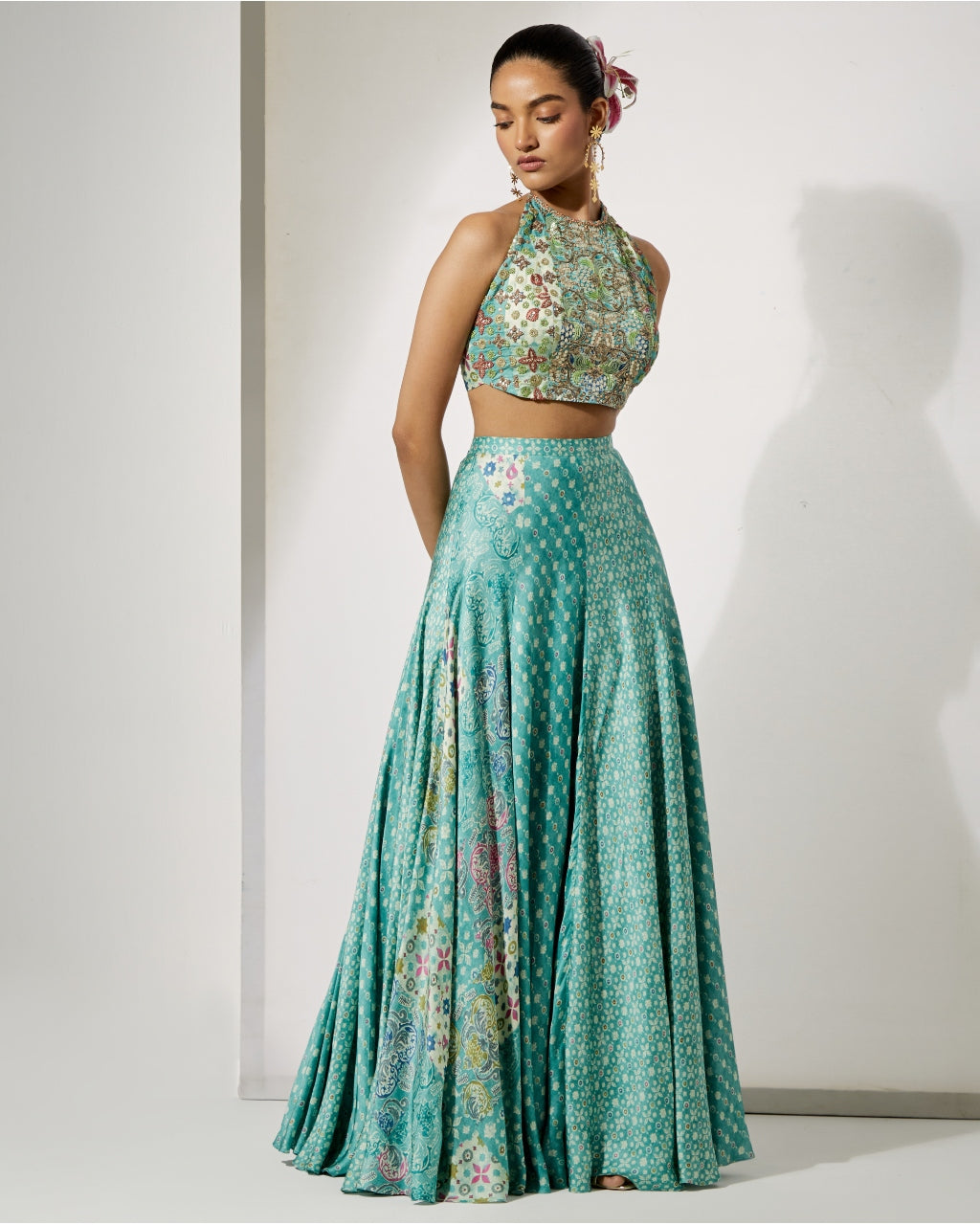 Aqua Bloom Halter Blouse & Skirt Set
