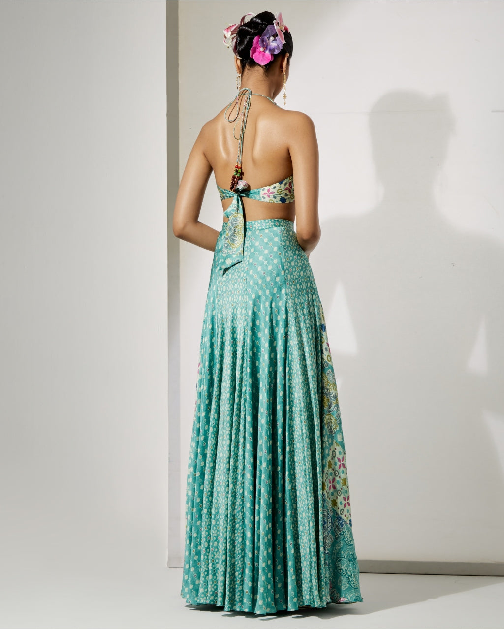 Aqua Bloom Halter Blouse & Skirt Set