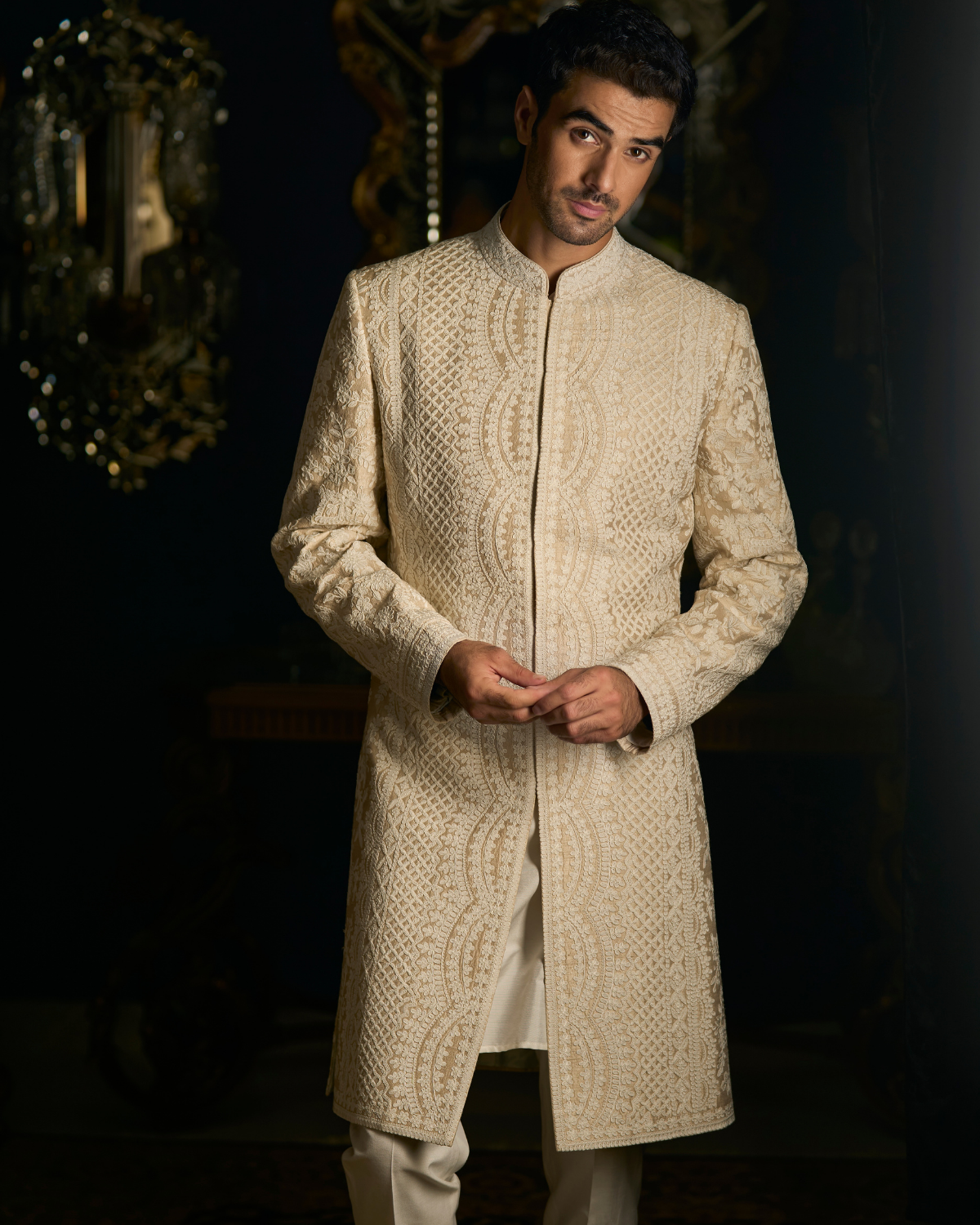 Nude Cream Dori Sherwani Set By Seema Gujral