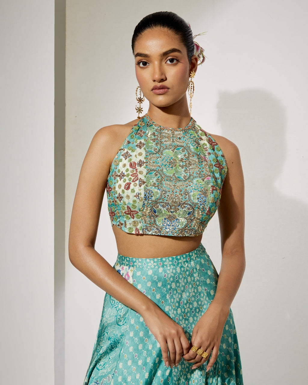 Aqua Bloom Halter Blouse & Skirt Set