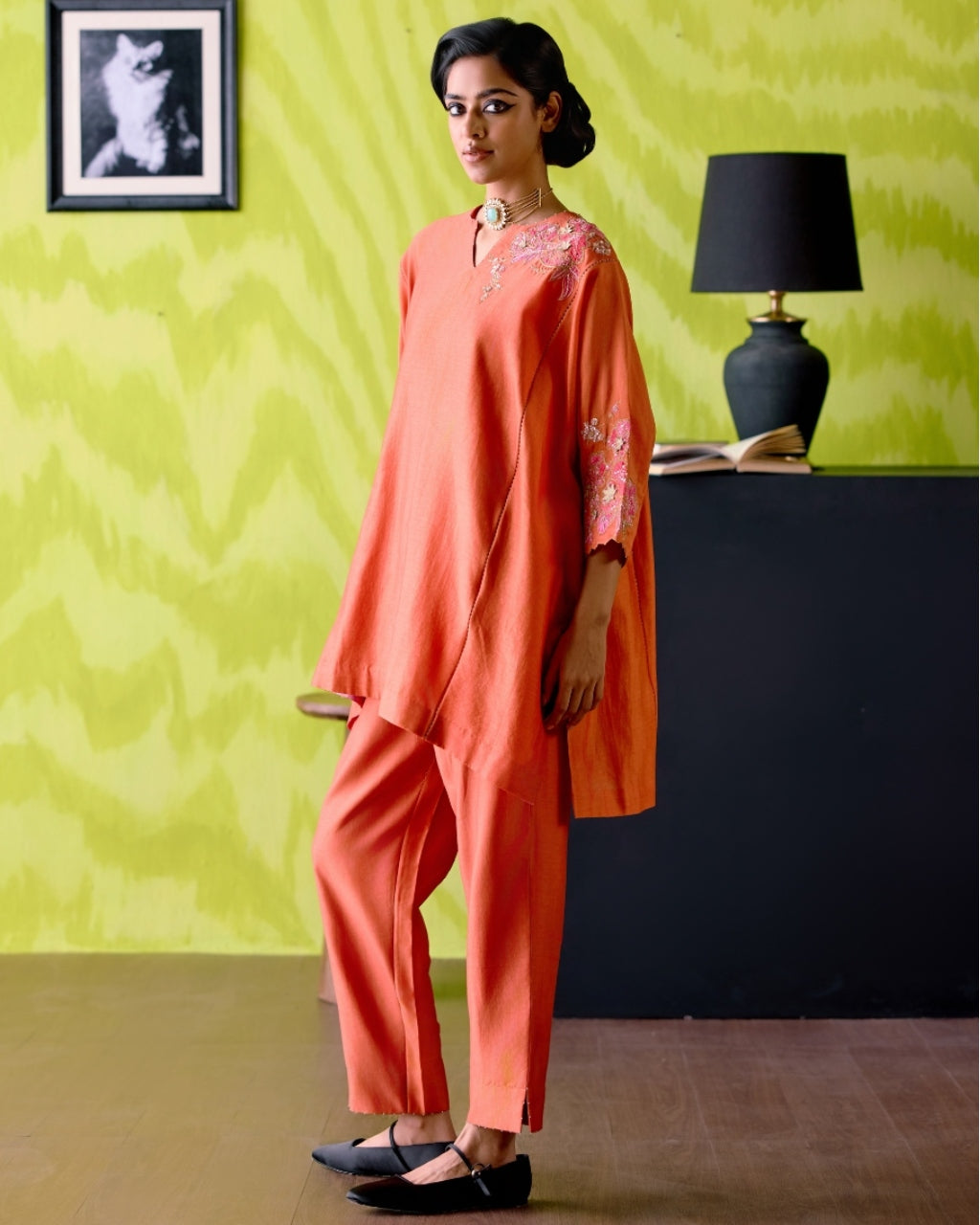 Rust Orange Panelled Short Kaftan Set