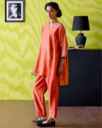 Rust Orange Panelled Short Kaftan Set