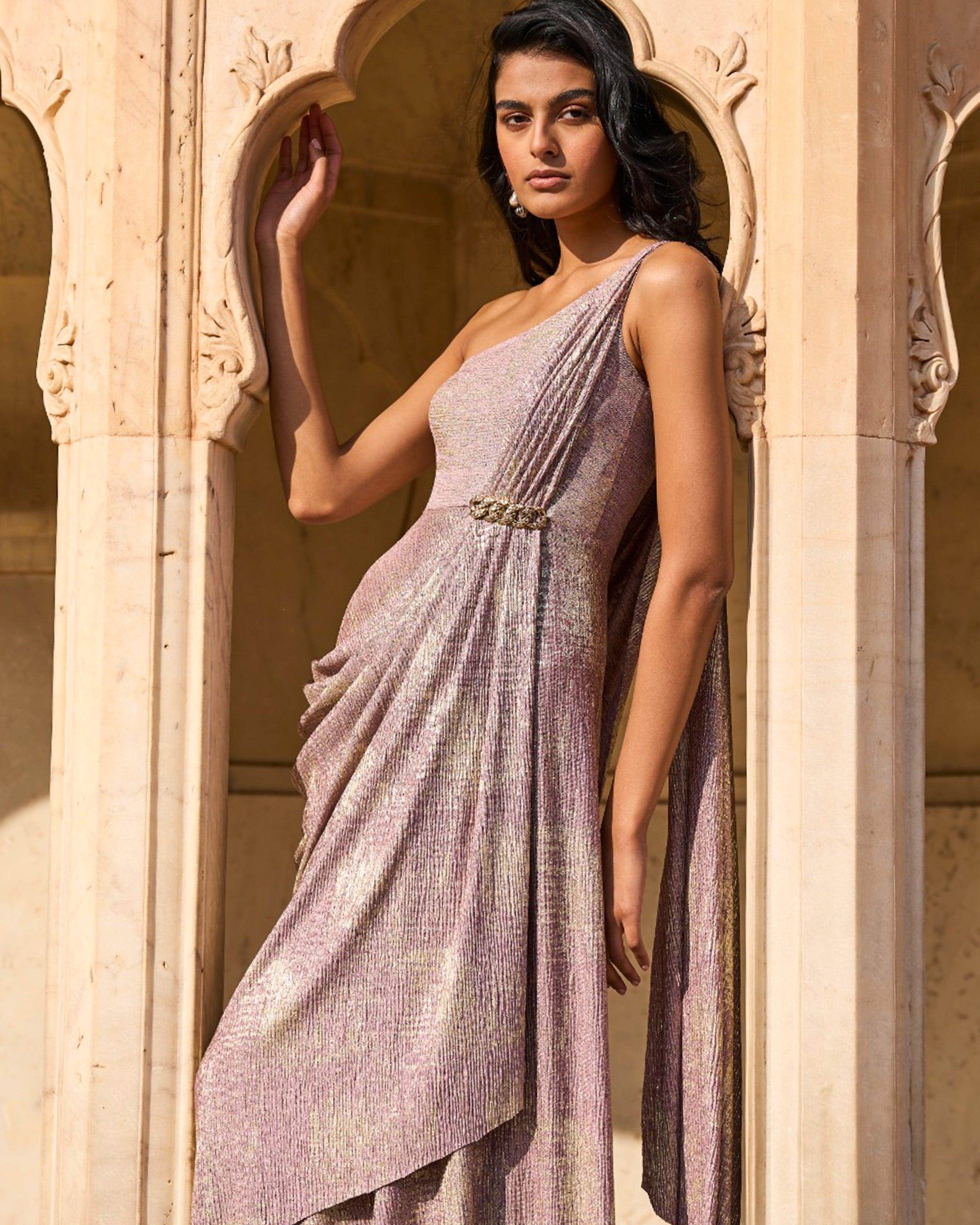 Blush & Gold Sari Drape Gown