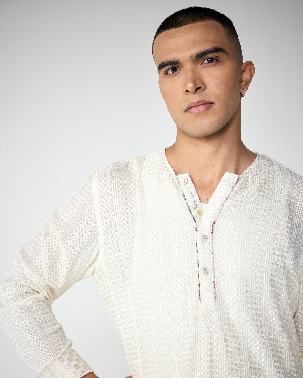 White Chessboard Kurta Set