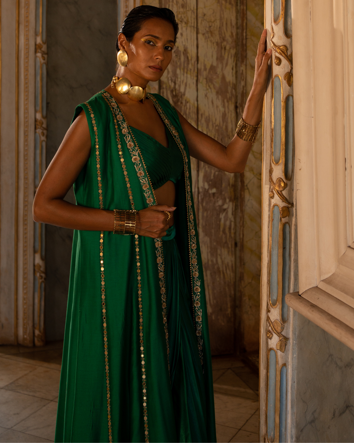 Emerald Satin Draped Skirt Set